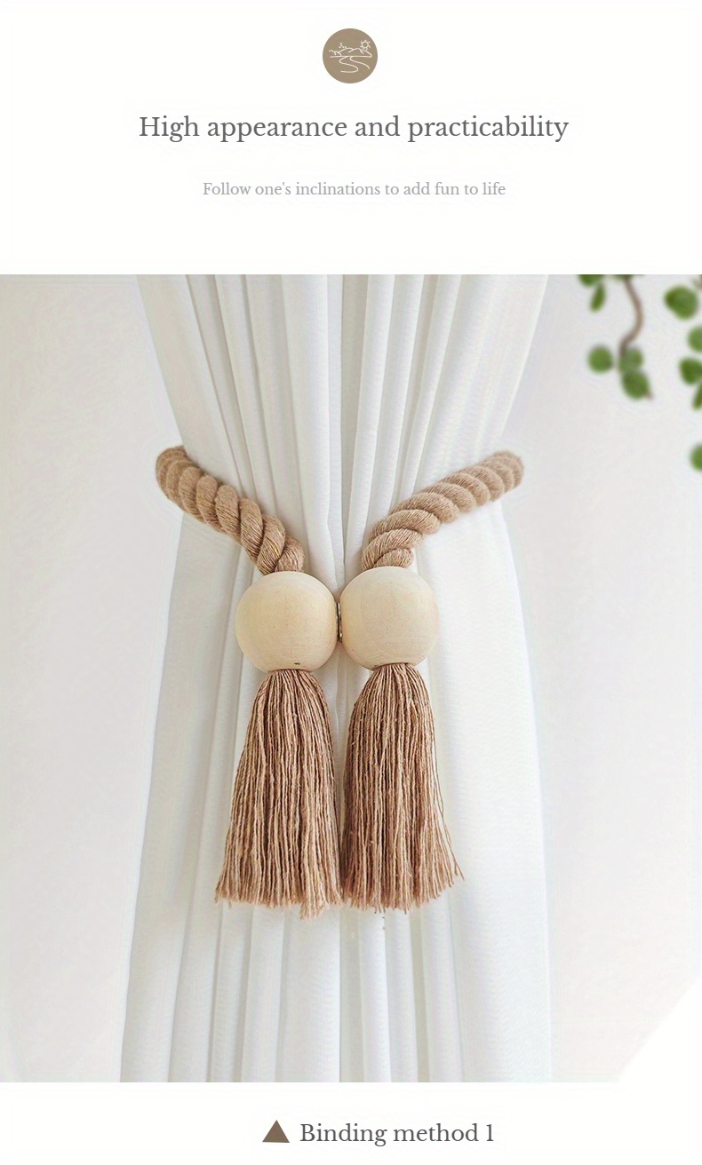 2pcs magnetic window curtain tiebacks simple wooden tassel curtain   curtain holdback suitable for bedroom living room kitchen home decoration details 5