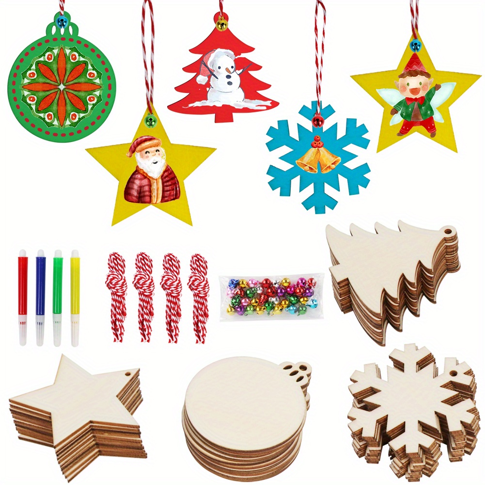 60 Pieces Wooden Snowflake Cutouts Christmas Wood Snowflake Decorations with 60 Pieces Twine Ropes for Kids Crafts Christmas Ornaments (60pcs)