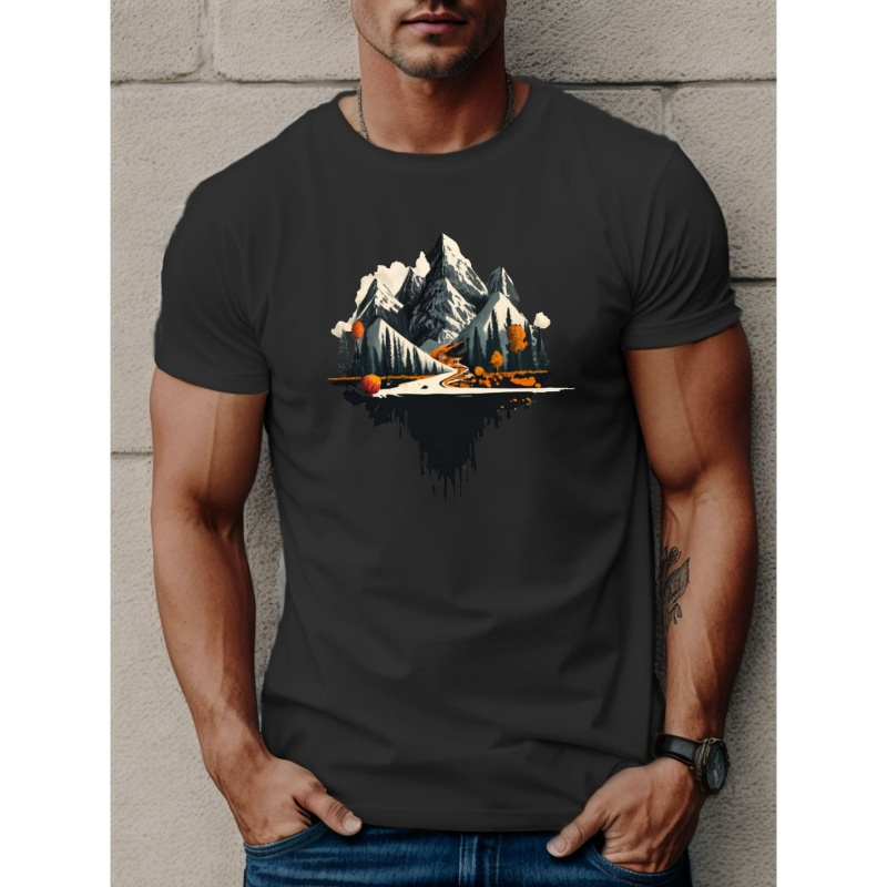 

Between Mountains And Rivers Landscape Print T Shirt, Tees For Men, Casual Short Sleeve T-shirt For Summer