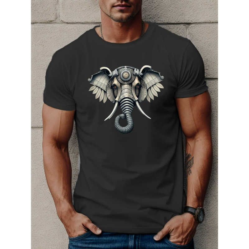 

Steampunk Elephant Print T Shirt, Tees For Men, Casual Short Sleeve T-shirt For Summer