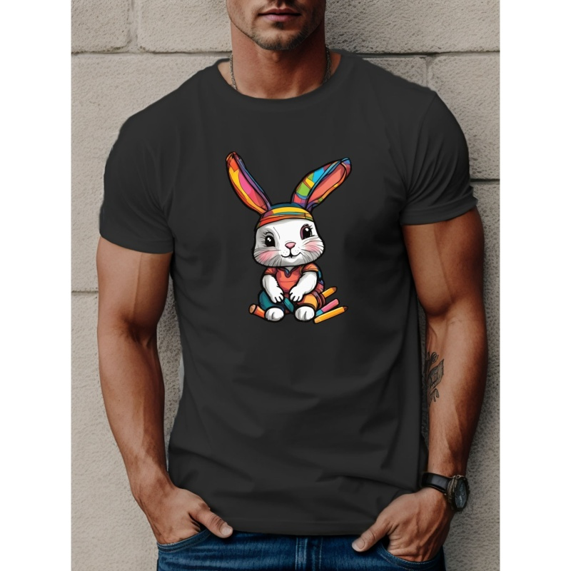 

Rabbit In Colorful Fur Print T Shirt, Tees For Men, Casual Short Sleeve T-shirt For Summer