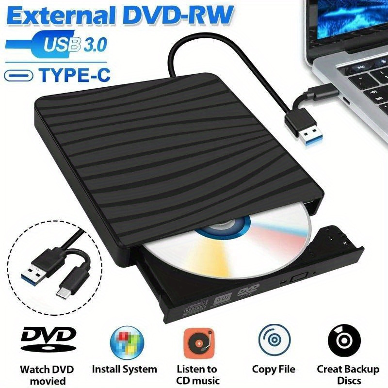 Lector CD/DVD-RW Externo, Grabadora con USB 3.0 y Type-C