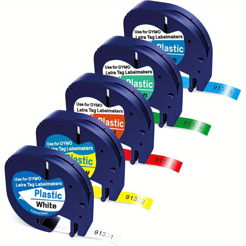 

5 Pack Replacement For Lt91330-91335 12mm X 4m 1/2 X 13 White/red/yellow/blue/green Plastic Label Maker Tape Compatible With Dymo Lt-100t Lt-100h Lt-110t Qx50 Label Maker
