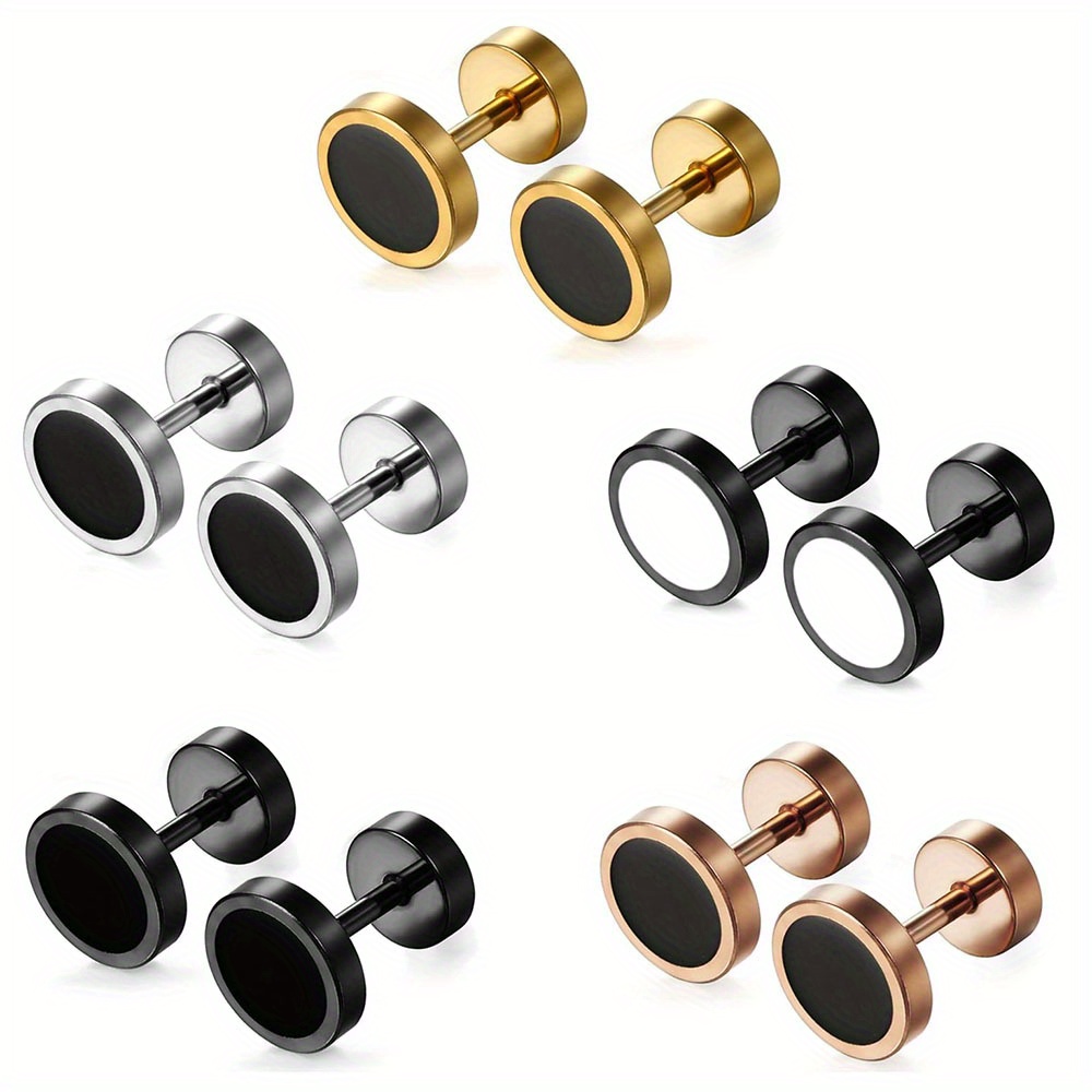 

2/6pcs Punk Stainless Steel Dumbbell Round Stud Earrings For Men, Hip Hop Jewelry Gift