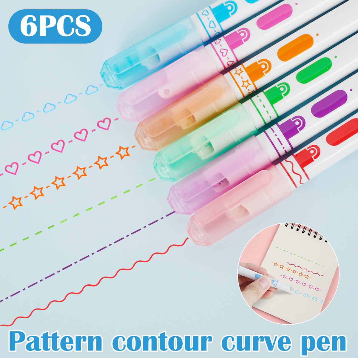 6PCS Colored Curve Pens for Note Taking, Tip Pens with 6 Different Curve  Shapes & 6 Colors, Curve Highlighter Pen Set for Kids Journaling Note  Taking