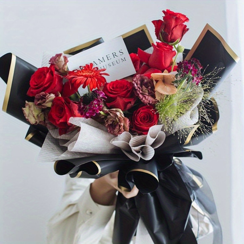 20 Sheets Flower Wrapping Paper Florist Bouquet Supplies Waterproof Ribbon  Black