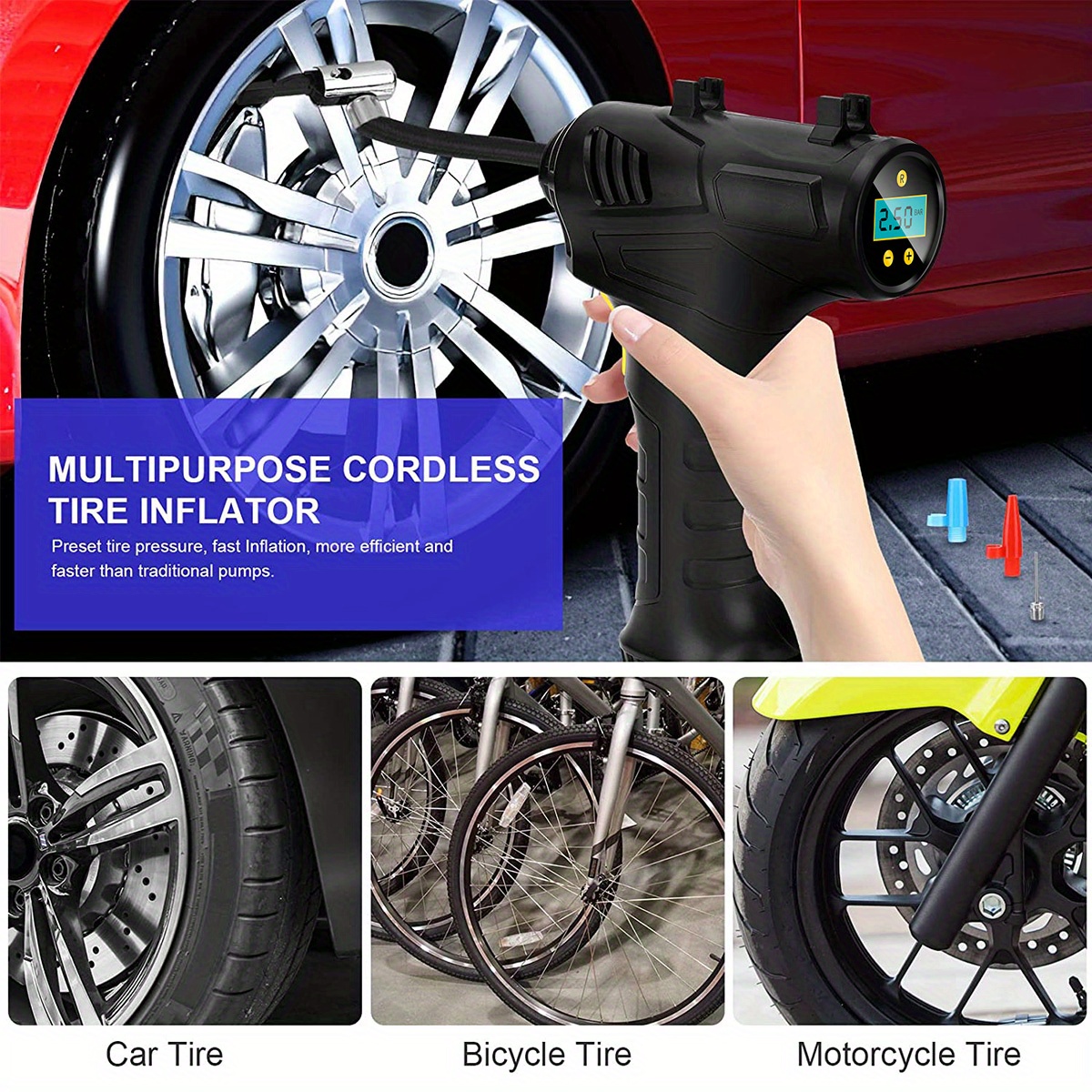 Cordless Digital Car Tyre Inflator USB Rechargeable Tire Air