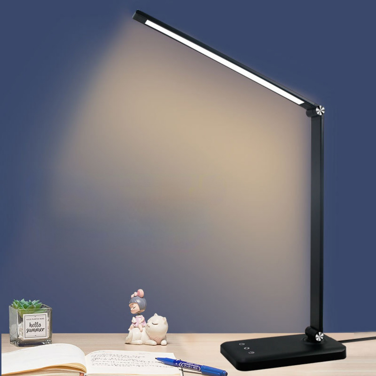 Lampe de bureau LED Eye-Caring Lampe de Table D'étude Port de charge USB  Lumière de L'atmosphère Nocturne avec Porte Stylo/Écran Heure 