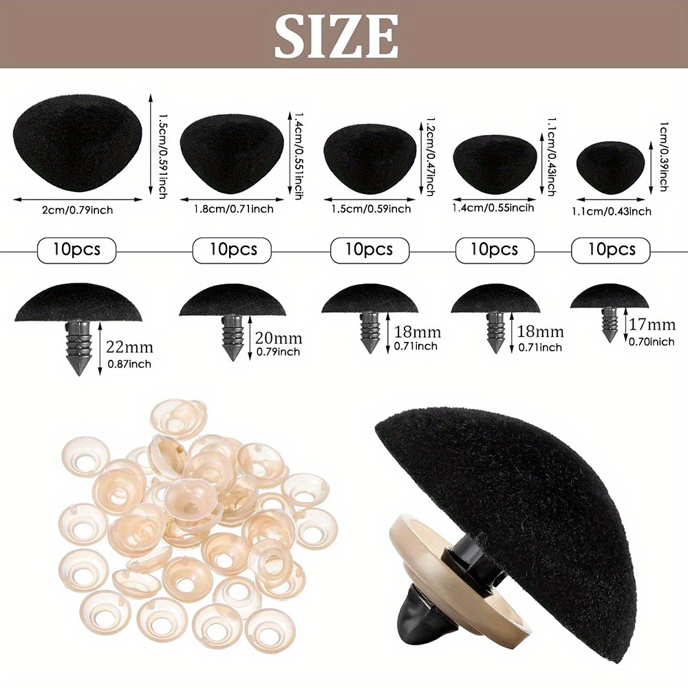 50pcs Black Flocked Nose Pads Set, Multiple Sizes: 10*11mm, 11*14mm, 12*15mm, 14*18mm, 15*20mm (10pcs Each) With Corresponding Washers