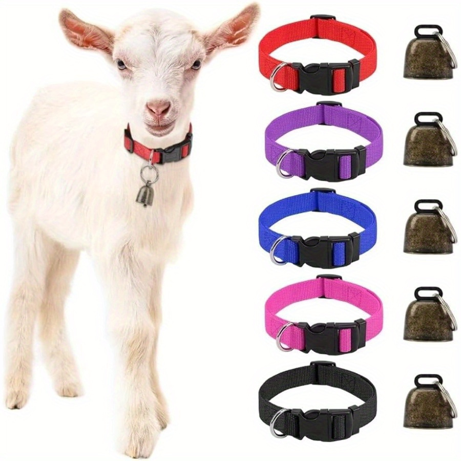 

5pcs Goat Collars With Bells, Horse Sheep Grazing Copper Bells And Adjustable Nylon Collar Set, Pet Anti-lost Loud Bronze Bell For Small Farm Animal Sheep Cow Accessories