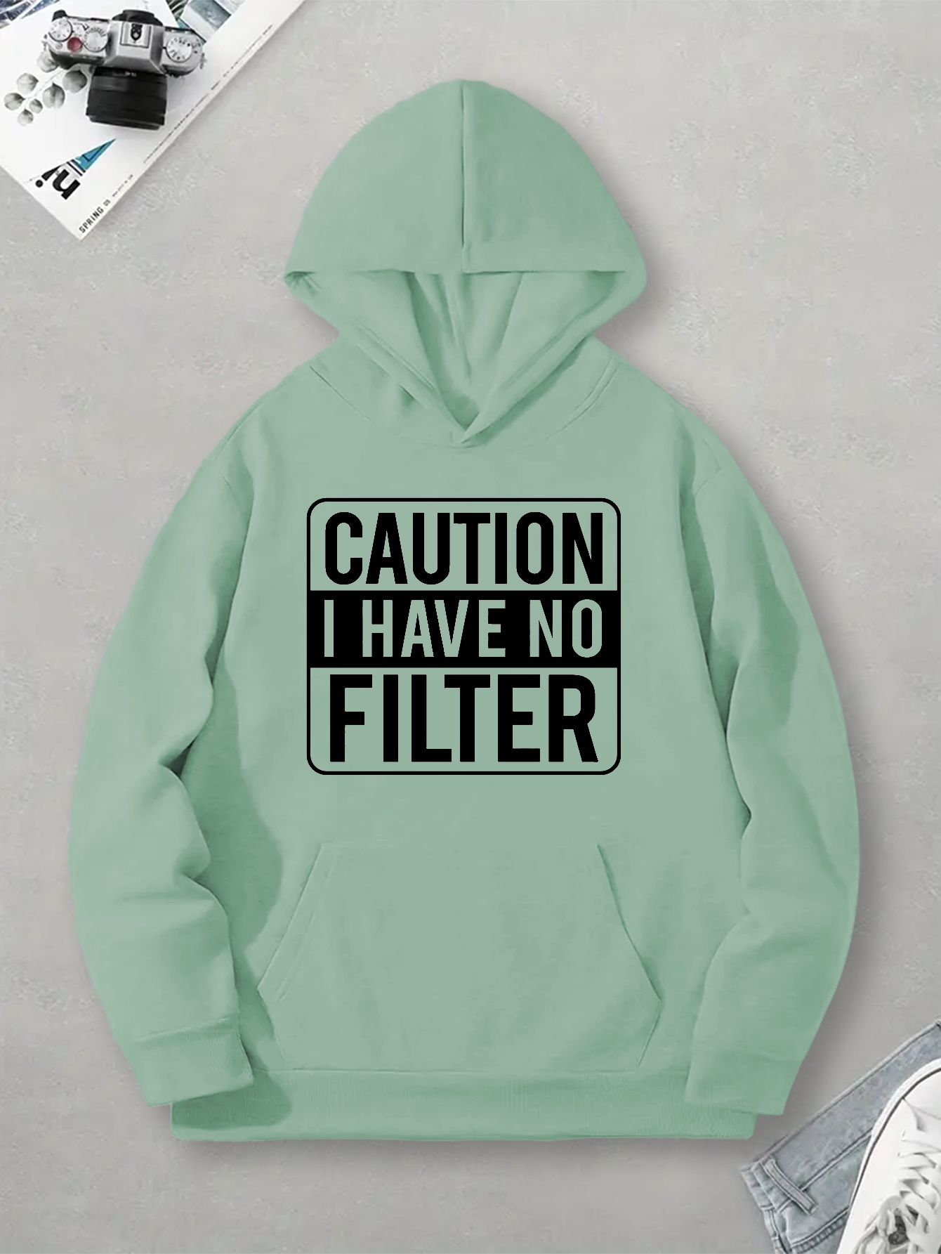 Caution I Have No Filter Print Kangaroo Pocket Hoodie, Casual Long