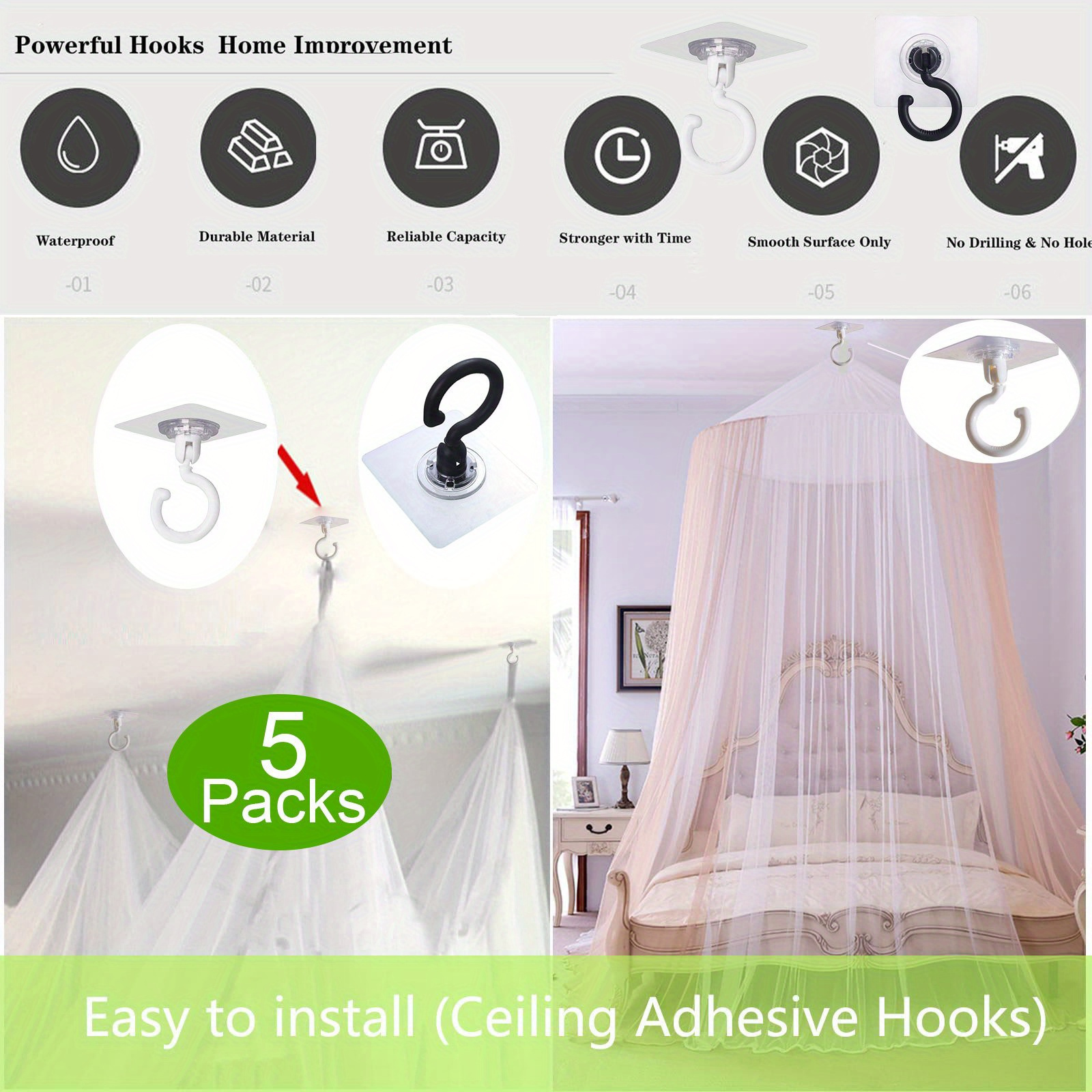 5pcs Rotatable Adhesive Ceiling Hooks - No Drill, Easy Install for Hanging Plants, Lanterns & Wind Chimes - Versatile Sticky Hangers in White, Green, Black - Ideal for Home & Garden Decor, Plant Hangers|Modern Home Accessory|Durable Plastic Hooks
