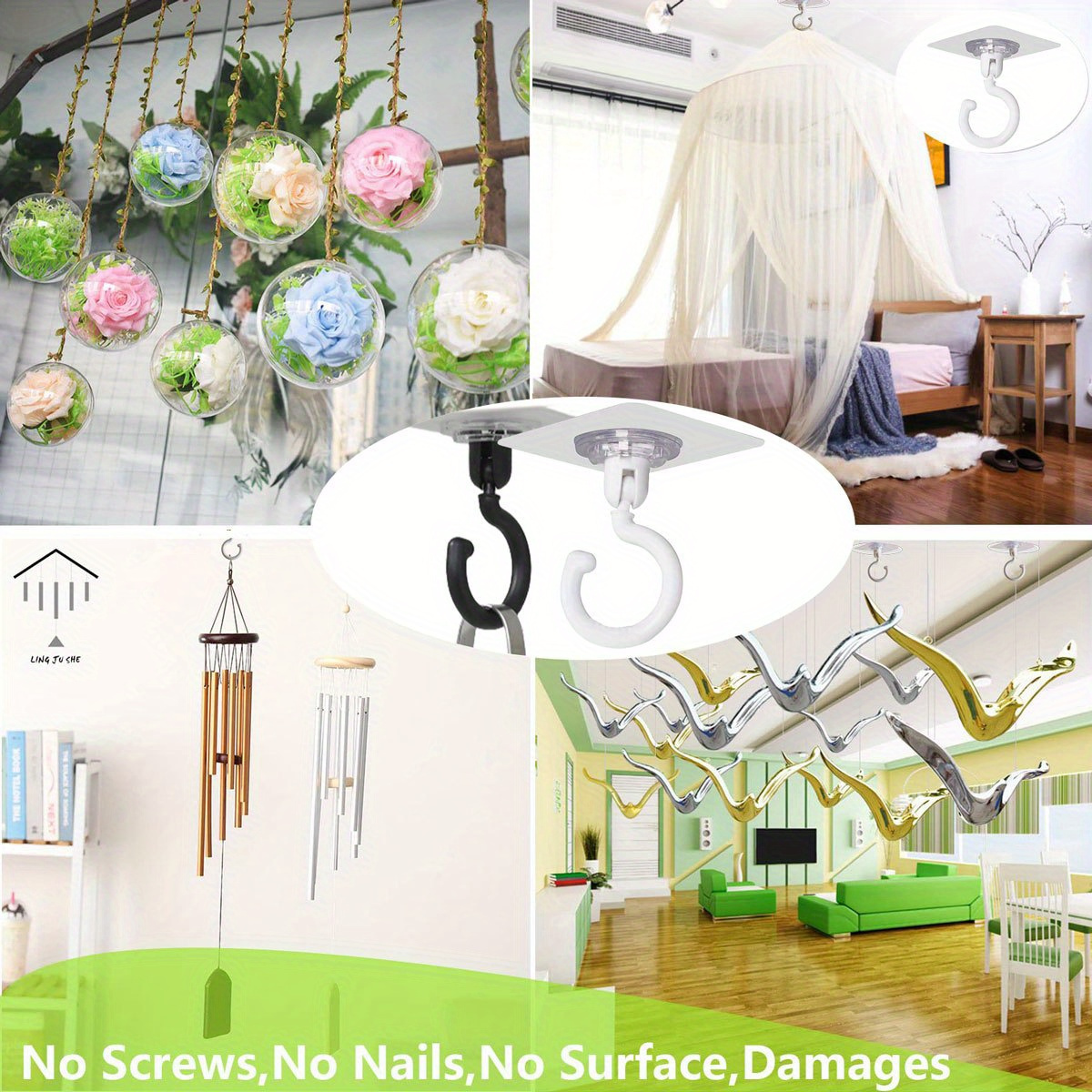 5pcs Rotatable Adhesive Ceiling Hooks - No Drill, Easy Install for Hanging Plants, Lanterns & Wind Chimes - Versatile Sticky Hangers in White, Green, Black - Ideal for Home & Garden Decor, Plant Hangers|Modern Home Accessory|Durable Plastic Hooks