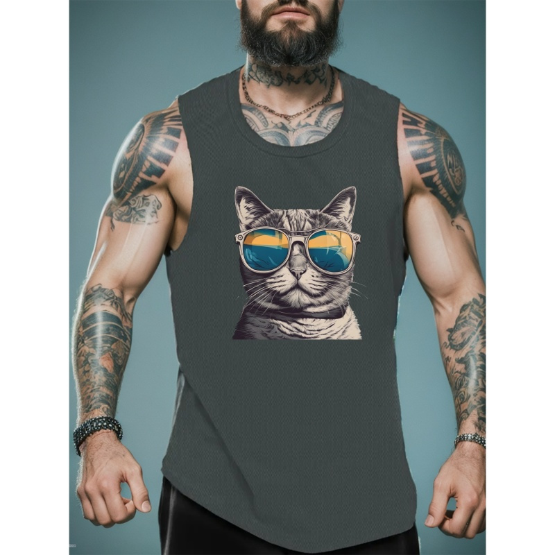 

Sunglasses Cat Pattern Men's Tank Top For Summer, Men's Daily Sleeveless Top For Gym Fitness