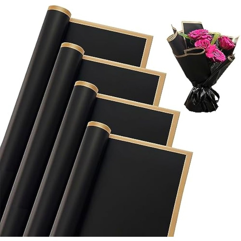 Black Waterproof Floral Wrapping Paper Sheets With Golden - Temu