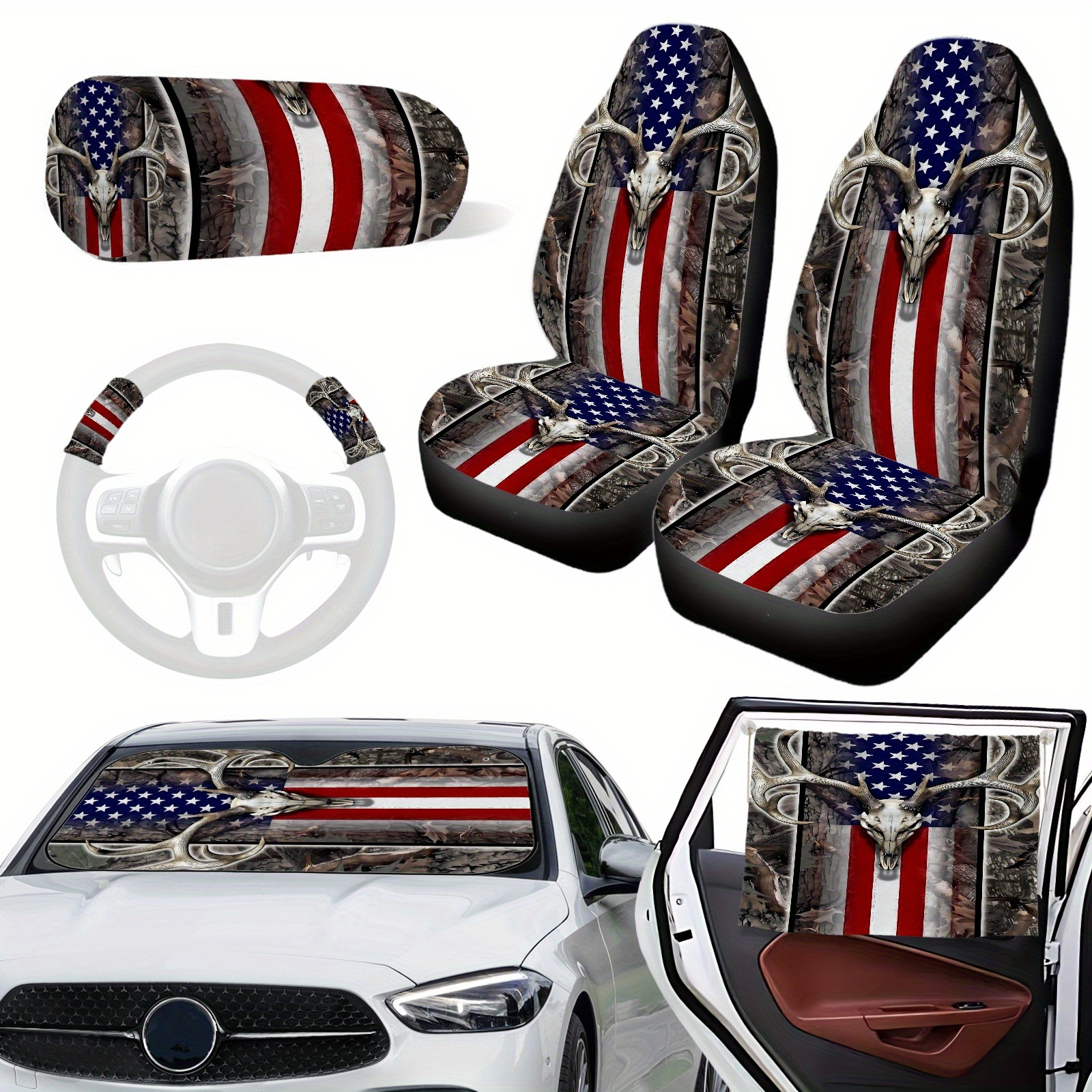 7pcs/set American Flag Wood Deer Skull Car Accessories Set Universal Fit  Car Seat Covers Car Steering Wheel Cover Windshield Sunshade Car Seat Pillow