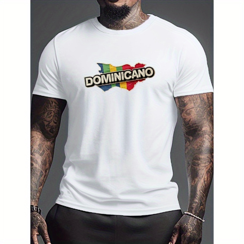 

Dominican Letter Graphic Print Men's Creative Top, Casual Short Sleeve Crew Neck T-shirt, Men's Clothing For Summer Outdoor