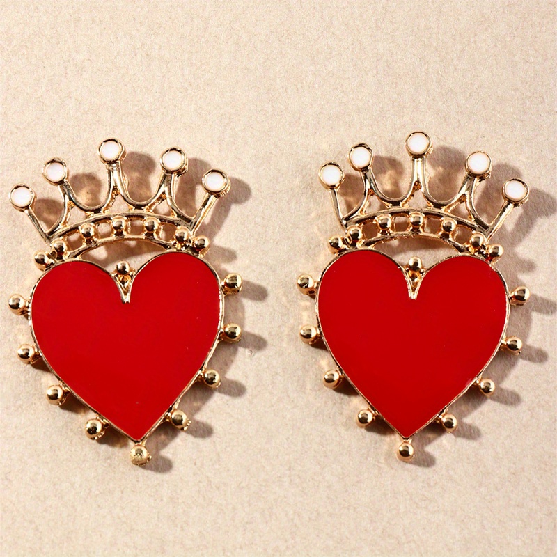 TEMU 1 Pair New Year Red Heart Earrings Retro All-match Fashion Heart Crown Earrings Easy Drop Earrings Women's Fashion Studs