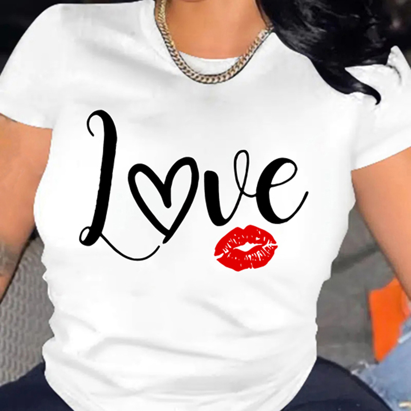 

Lips & Letter Print Crew Neck T-shirt, Casual Short Sleeve T-shirt For Spring & Summer, Women's Clothing