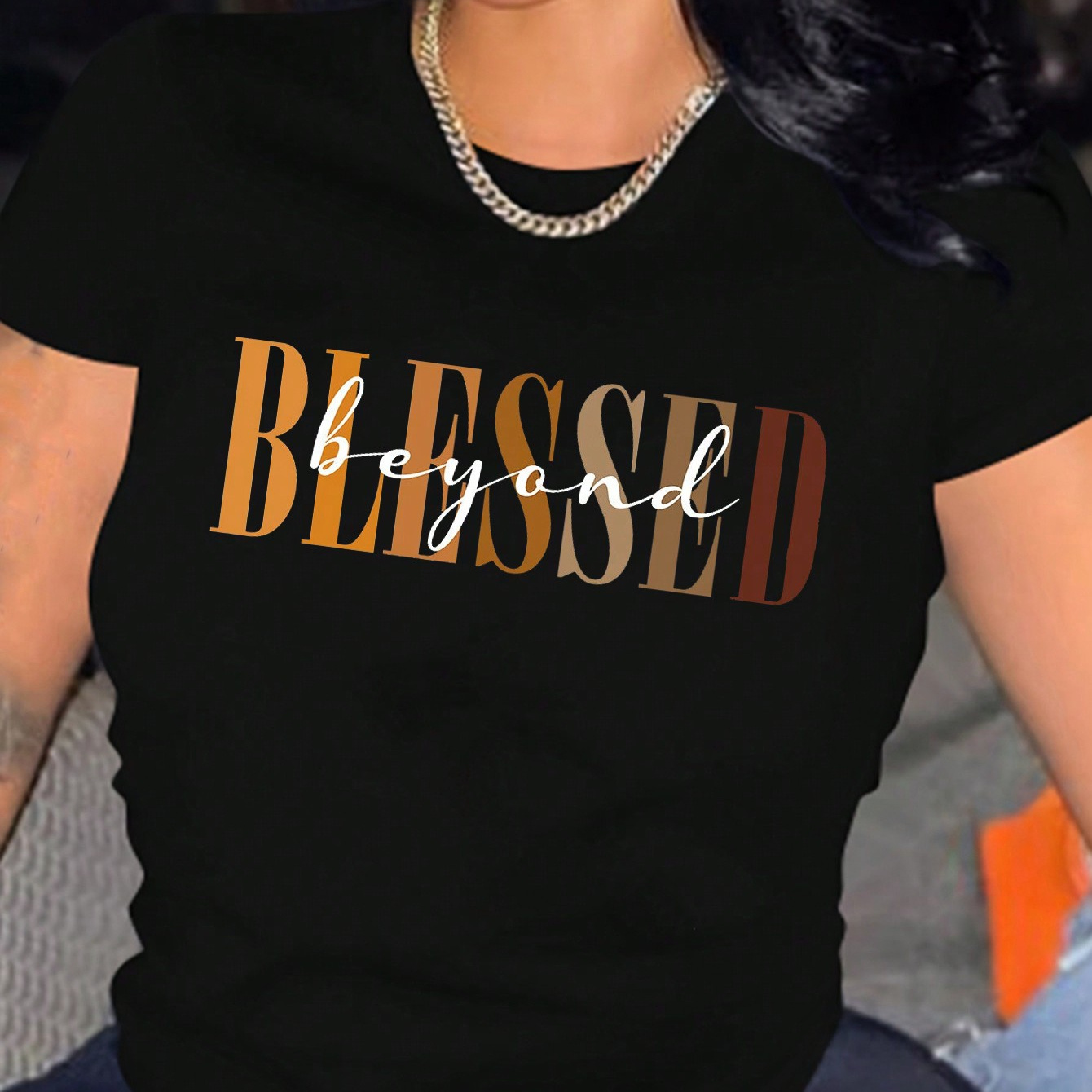 

Blessed Letter Print Crew Neck T-shirt, Casual Short Sleeve Top For Spring & Summer, Women's Clothing