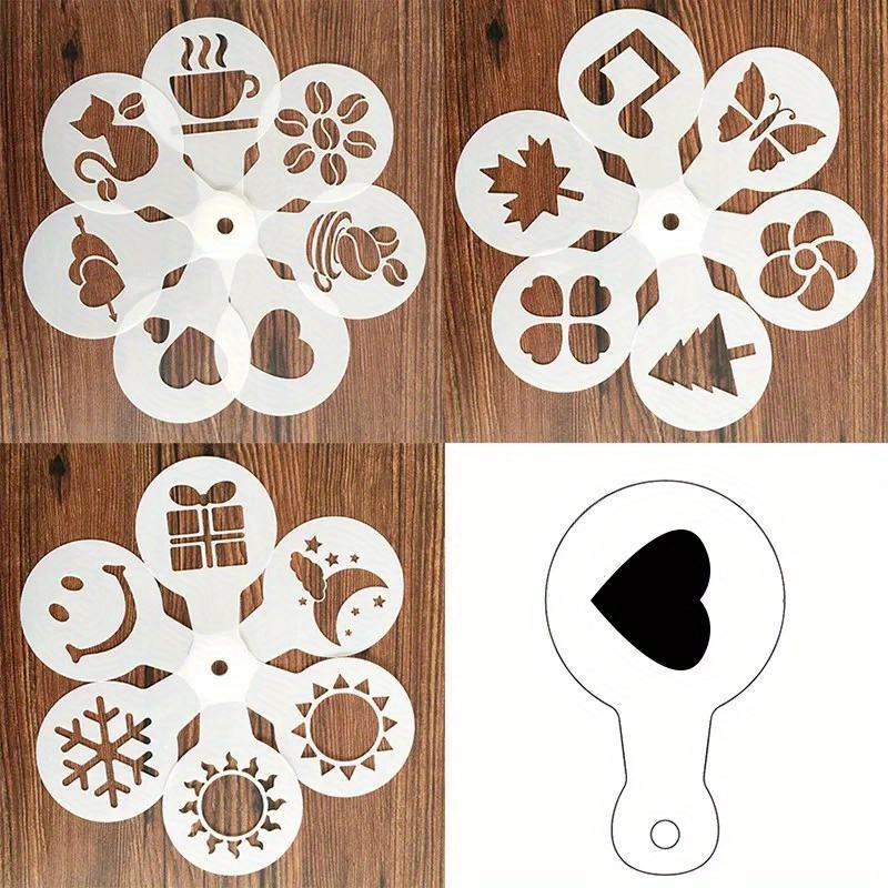 19pcs coffee stencils   printing mold foam spray cake stencils coffee drawing cappuccino mold powdered sieve tools for home coffee shop bakery kitchen supplies details 3