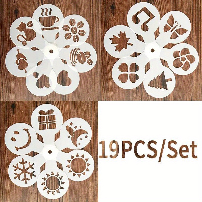 19pcs coffee stencils   printing mold foam spray cake stencils coffee drawing cappuccino mold powdered sieve tools for home coffee shop bakery kitchen supplies details 4