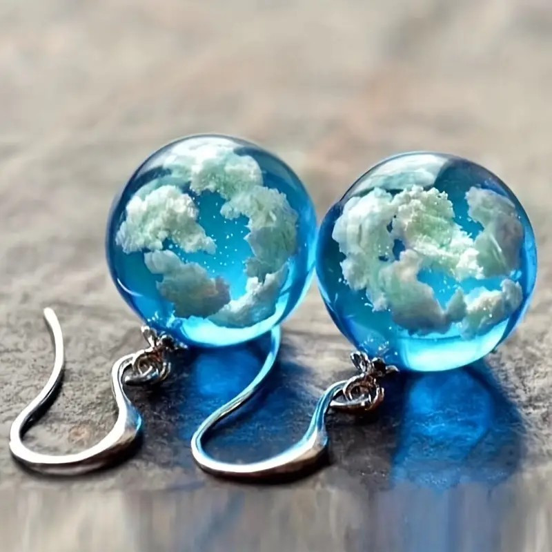 

1pair Blue Sky White Cloud Transparent Ball Shape Resin Earrings, Fashion Creative Men's Earrings