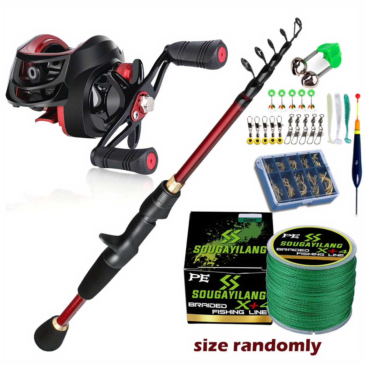 Sougayilang Telescopic Fishing Rod And Reel Set, Red, 70.86in-94.49in,  Maximum Unloading Force Of 11lbs, 150m PE Fishing Line, Bait, And  Accessories (