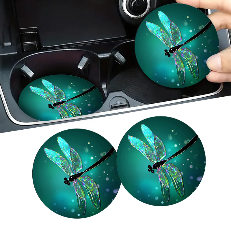 

2pcs Dragonfly Car Coasters, Luminous Dragonfly Car Non-slip Drink Cup Mat, Pu Leather Coaster, Car Interior Accessories Mat For Women Men