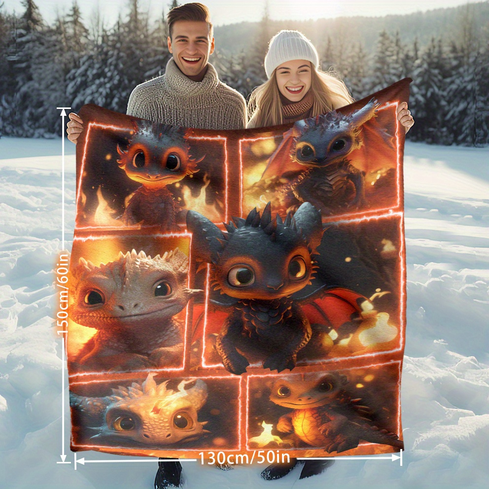 TEMU 1pc Cozy Cute Cartoon Fire Dragon Puzzle Print Blanket - Lightweight Flannel Throw For Sofa Bed Livingroom Office Couch Travel Camping Chair And