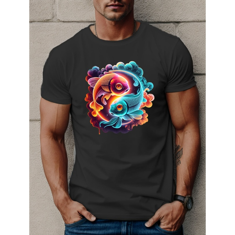 

Yin Yang Fish Print T Shirt, Tees For Men, Casual Short Sleeve T-shirt For Summer