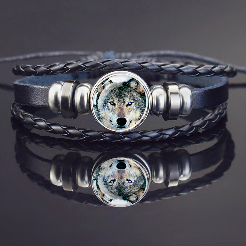 1pc Wolf Head Bracelet For Men Women, Glass Dome Multilayer Weave Pu Leather Charm Bracelet, White Wolf Adjustable Jewelry Gift