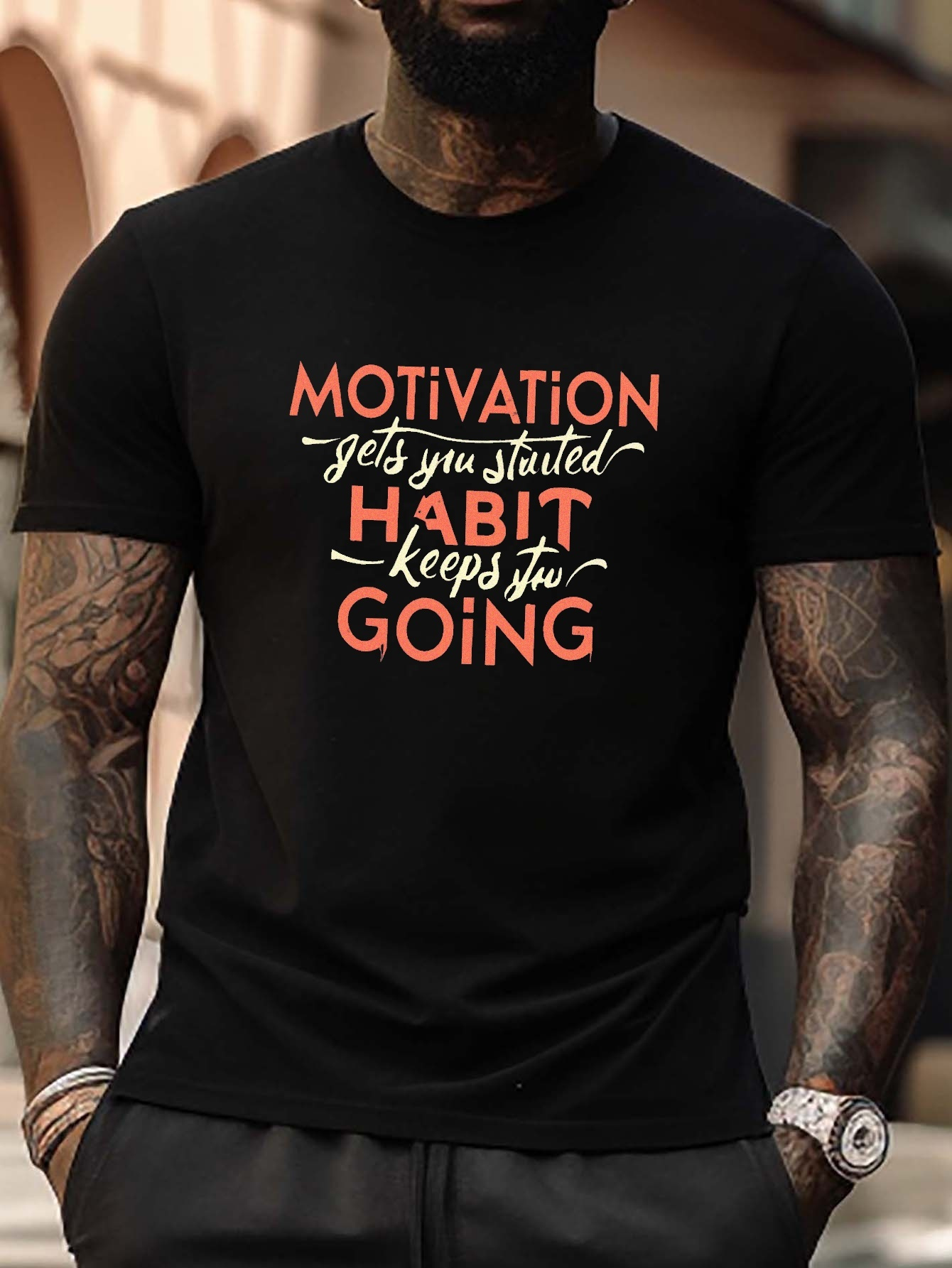 Motivation Gets Started Habit Keeps Going Print T Shirt Tees - Temu Canada