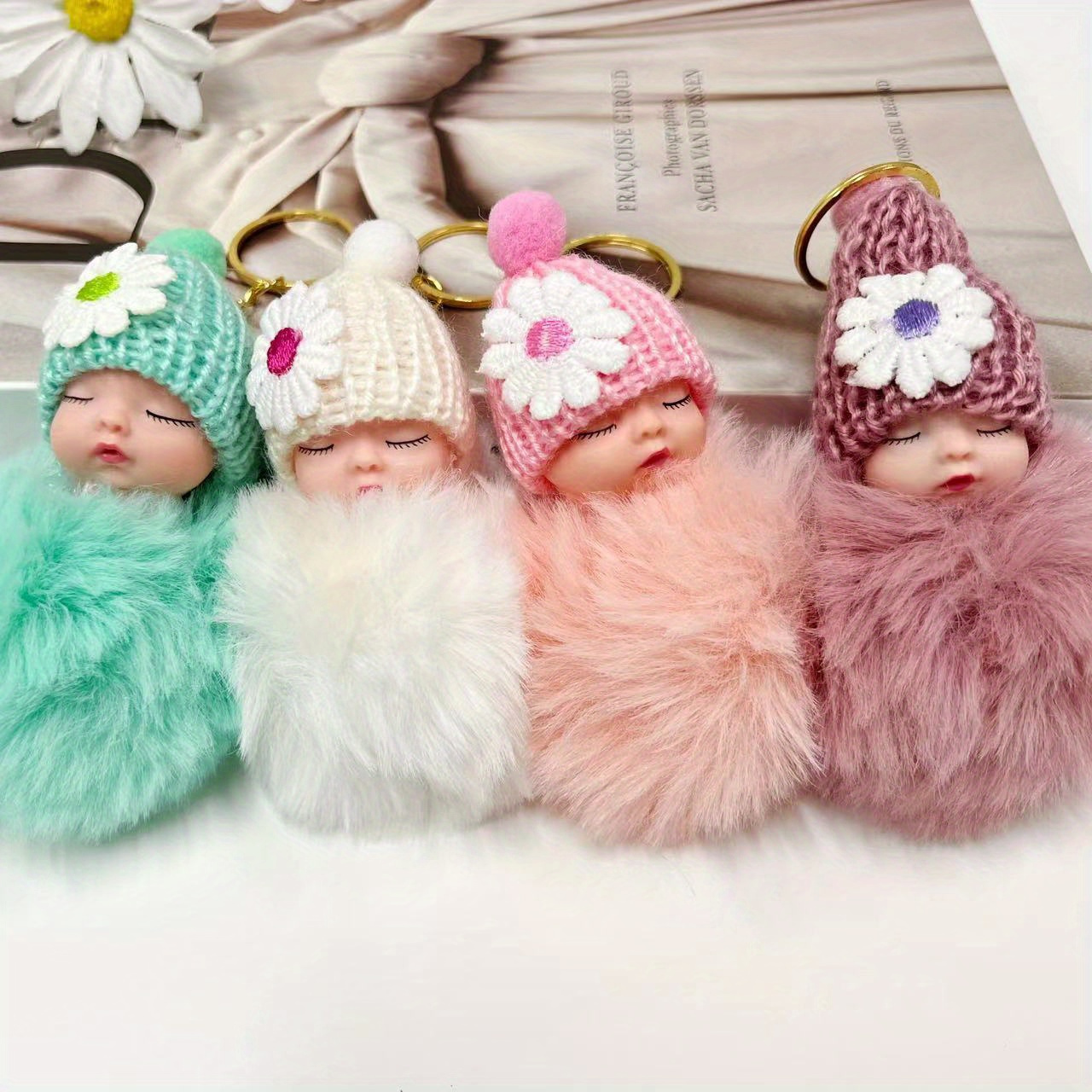 7pcs cute sleeping doll plush keychain set with wool hats   bags car decor ideal gift for christmas valentines halloween mothers day details 1