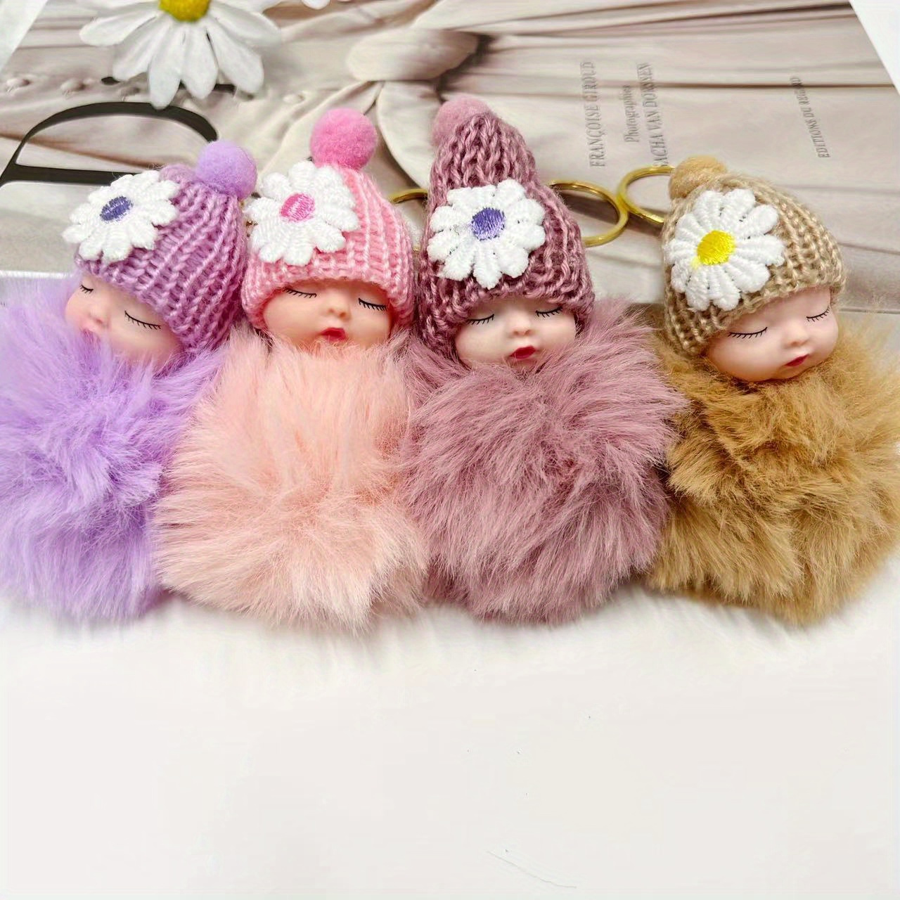 7pcs cute sleeping doll plush keychain set with wool hats   bags car decor ideal gift for christmas valentines halloween mothers day details 2