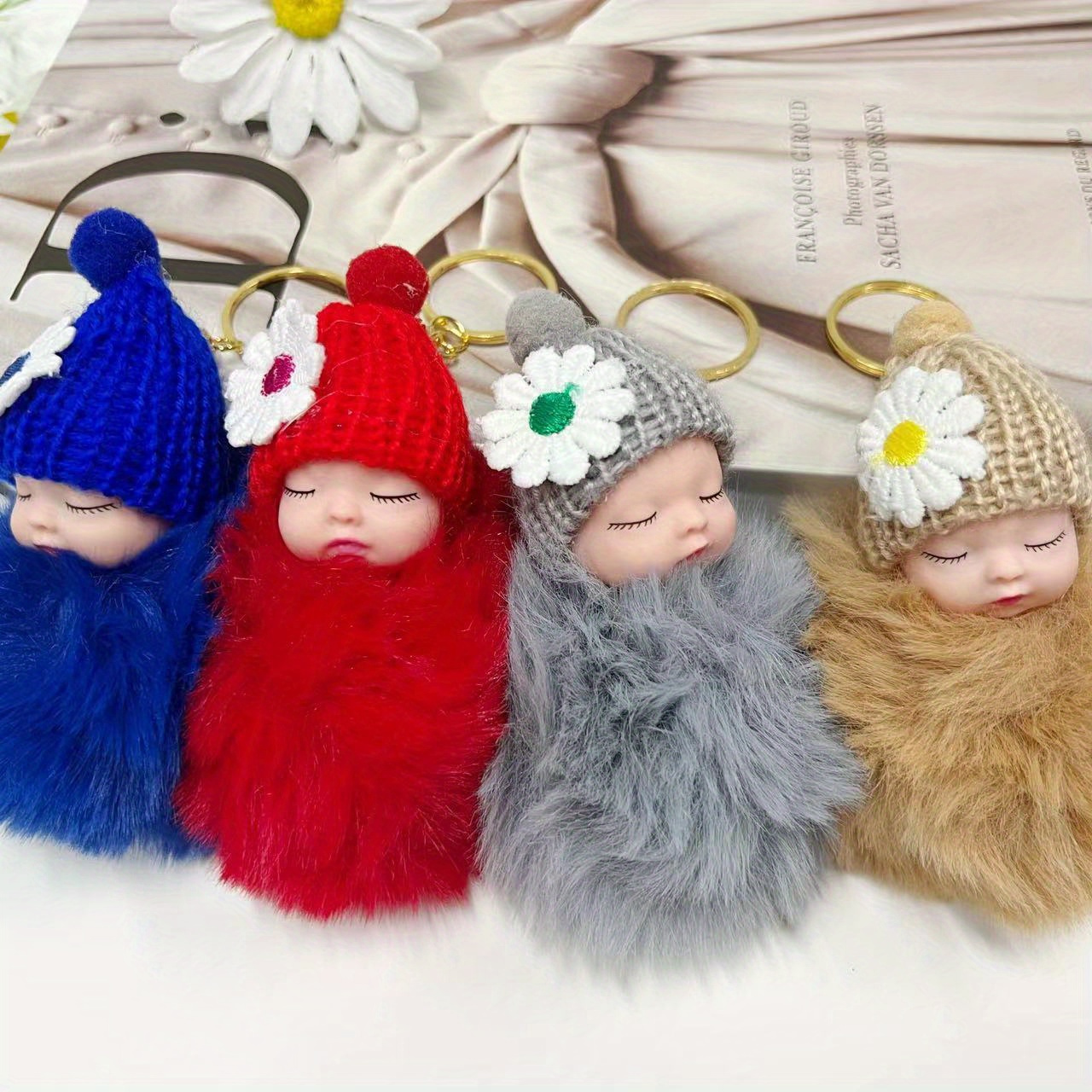 7pcs cute sleeping doll plush keychain set with wool hats   bags car decor ideal gift for christmas valentines halloween mothers day details 3