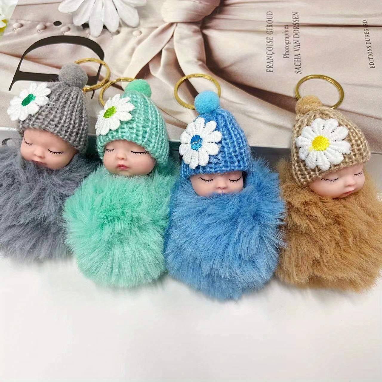 7pcs cute sleeping doll plush keychain set with wool hats   bags car decor ideal gift for christmas valentines halloween mothers day details 5