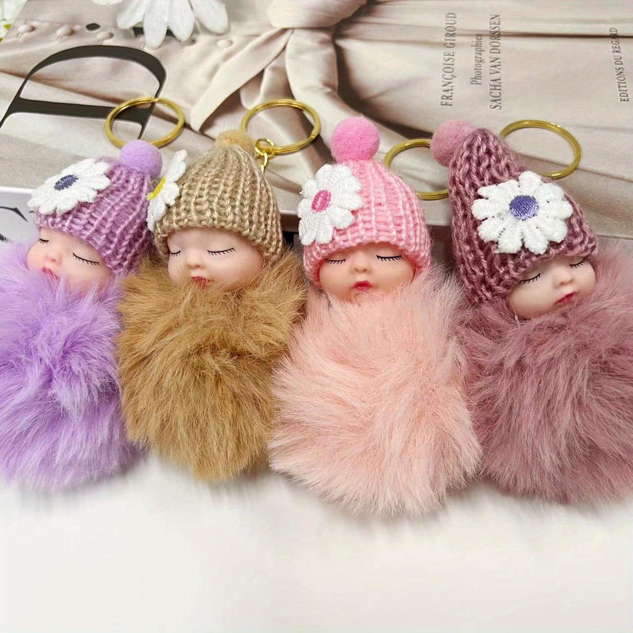 7pcs cute sleeping doll plush keychain set with wool hats   bags car decor ideal gift for christmas valentines halloween mothers day details 6