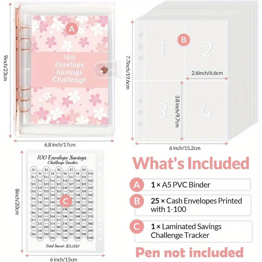100pcs Money Saving Envelope Binder w/ Tracking Paper & Pockets