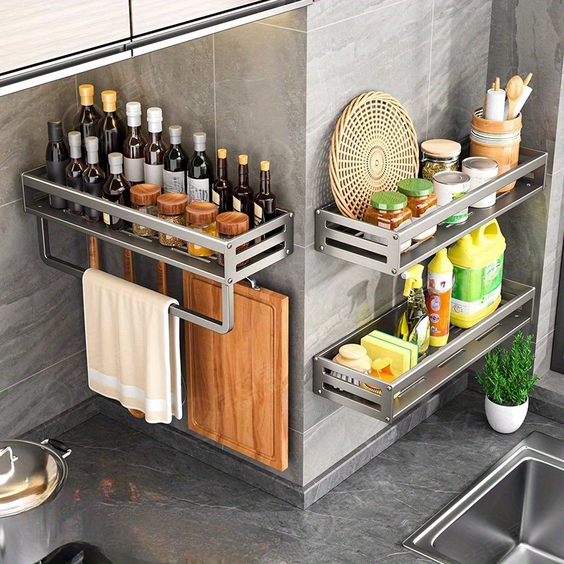 1pc wall mounted kitchen storage rack seasoning rack shelf multi functional kitchen supplies seasoning storage rack shelf dishcloth rack pot shovel spoon hook suitable for bathroom kitchen item storage details 1