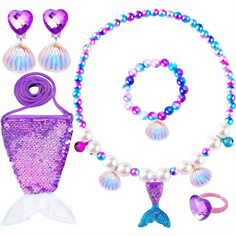 Ensemble de bijoux de sirène pour les petites filles, princesse sirène  collier extensible bracelet boucles d'oreilles bague, enfants faire  semblant et habiller bijoux pour tout-petits âgés de 2 ans