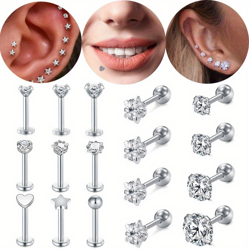 

17pcs Cartilage Earrings Set Inlaid White Zircon Forward Helix Tragus Earrings Ear Piercing Jewelry Set For Women Men Daily Wear