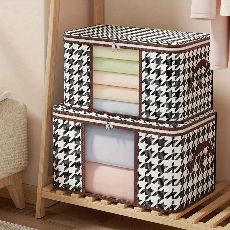 

2pcs Houndstooth Pattern Storage Boxes, Zipper Dustproof Wardrobe Containers With Visible Window