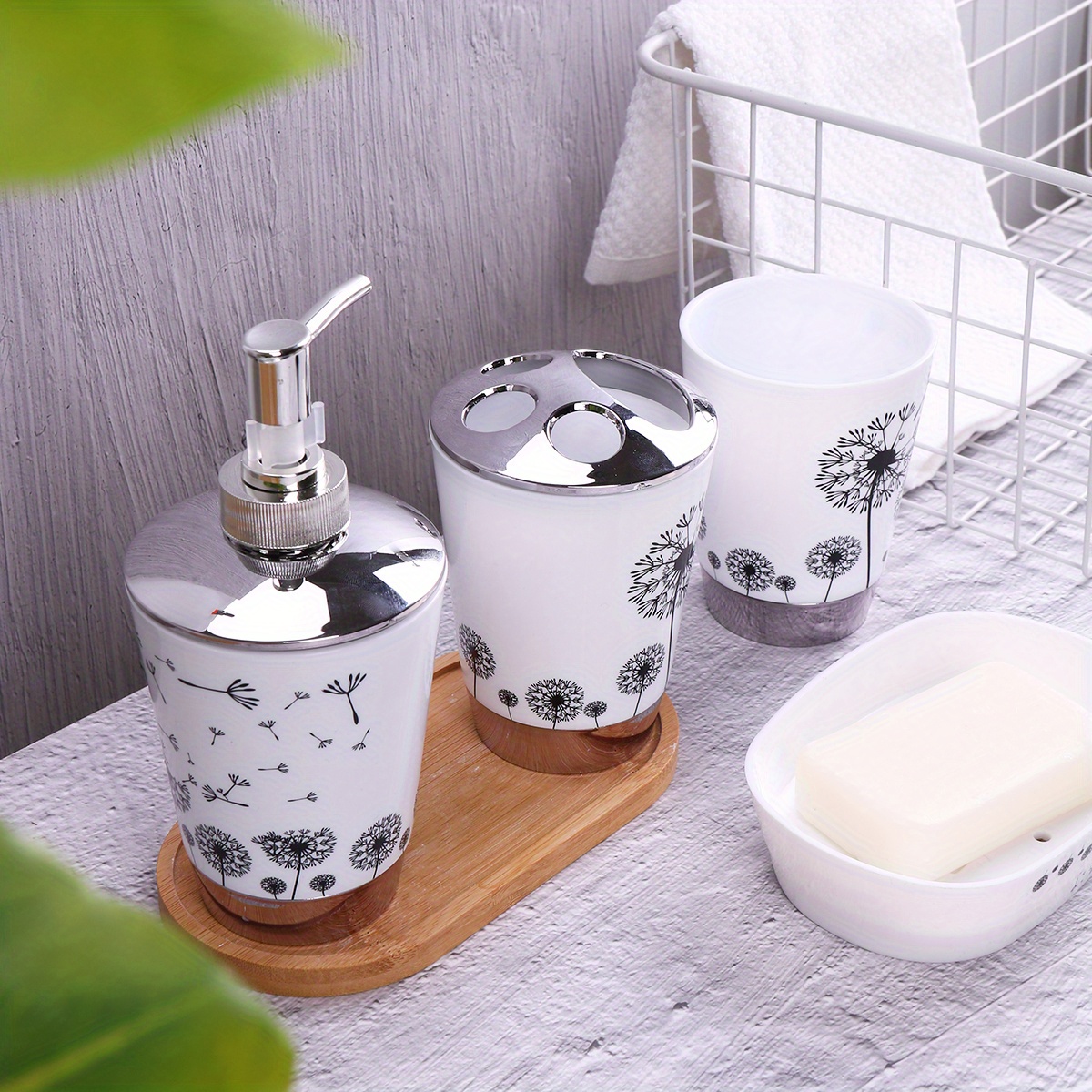 Bathroom Additions 4pcs Set Dandelion Cup Toothbrush Holder Soap Dish Bathroom Storage Toiletries Set