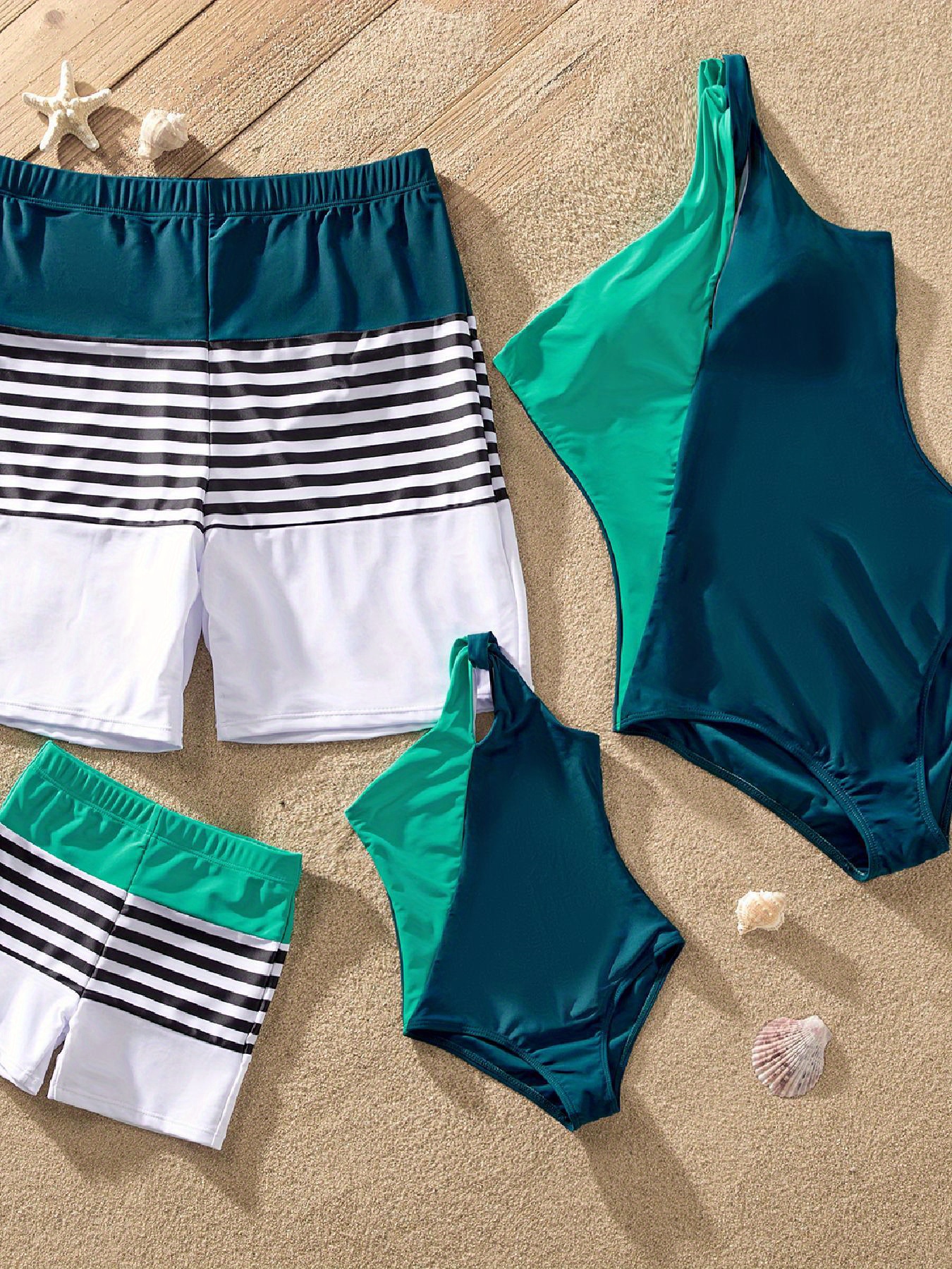 Family Matching Two Tone One piece Swimsuit or Stripe Panel Swim Trunks Shorts