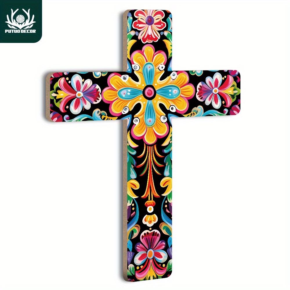 

1pc Mexican Style Designs Crucifix Wood Wall Art Decor, Wooden Wall Mounted Cross For Home Church Farmhouse, 15.9 X 11.8 Inches