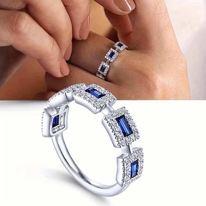 Luxury Couple Ring Silver Plated Inlaid Elegant Square Shape - Temu