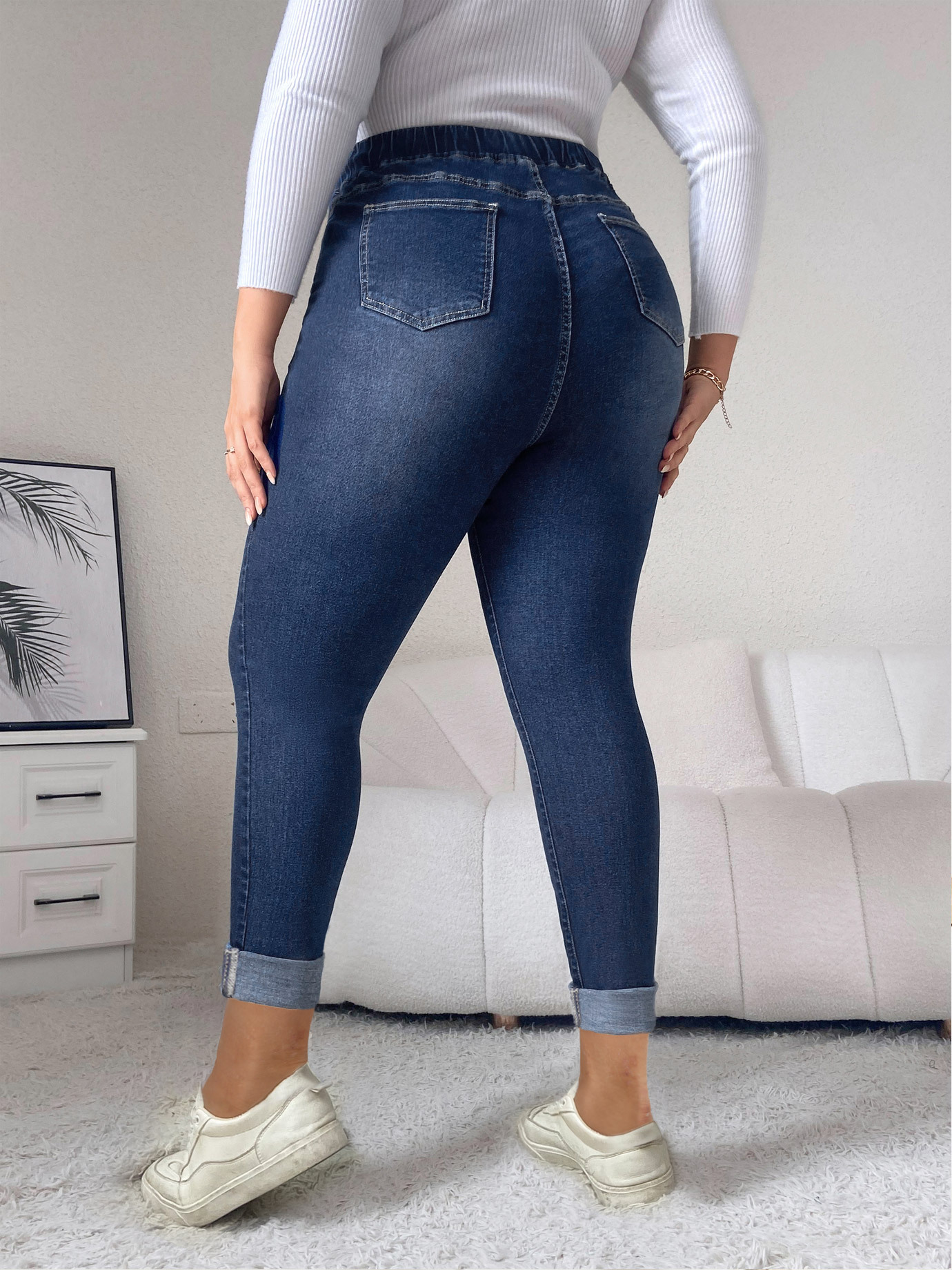 plus size casual jeans womens plus solid elastic high rise roll up skinny jeans