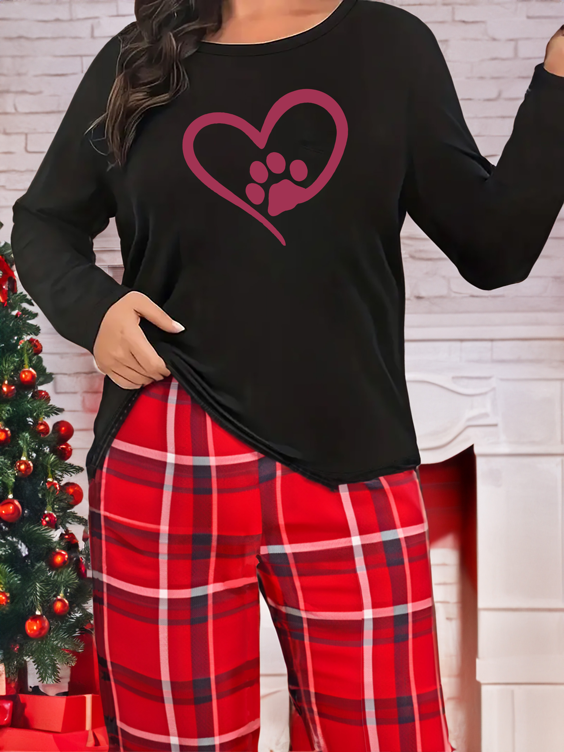 Paw Heart Print Lounge Top Home T-shirt, Casual Long Sleeve Crew Neck Top,  Women's Loungewear & Sleepwear