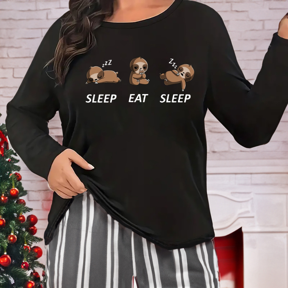 

Lazy Sloth Print Lounge Top Home T-shirt, Casual Long Sleeve Crew Neck Top, Women's Loungewear & Sleepwear